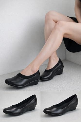REWANA Women's Formal Bellies, Synthetic Leather, Low Wedge Heel, Slip-On, Matte Finish, Round Toe, for Office Ballerinas (Black, UK Footwear Size System, Adult, Women, Numeric, Medium, 9) 5