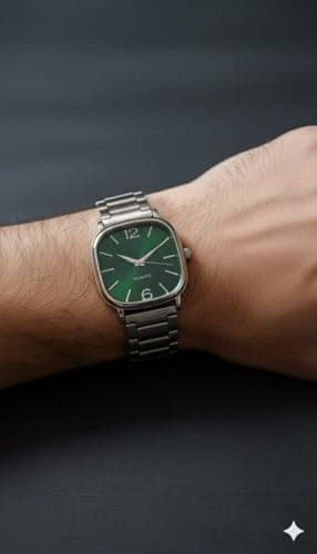 Minimalist Square Green Dial Analog Watch for Men – Slim Case Design with Day & Date Display, Stainless Steel Strap 2