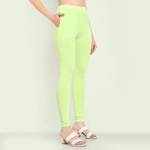 ONE SKY Women Full Length Leggings | Cotton Modal Spandex Blend | High Waist Stretchable & Bio-Washed Fabric | Colour-Lock Technology | Comfortable Leggings for Women Light Green 3