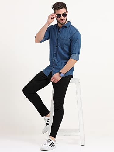 Miraan Cotton Men's Casual Light-Blue Denim Shirt (Siglightdeniml_Light Blue_Large, Regular Fit) 5