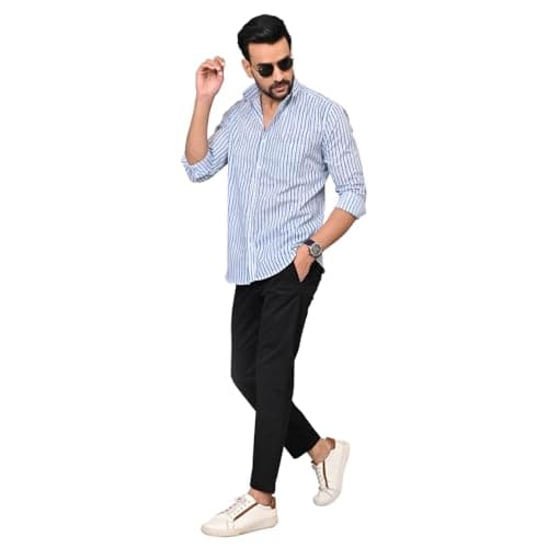 Aaheli Men’s Blue Haze Stripes Cotton Shirt | Handbrush-Style Vertical Blue Stripes, Soft & Breathable Cotton, Regular Comfort Fit Full Sleeve Casual Shirt for Men | L
