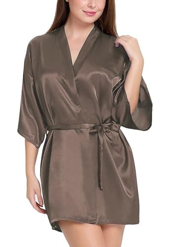 Xs and Os Women Satin Nightwear Belted Kimono Robe Taupe 4