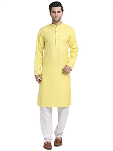 KRAFT INDIA Men Cotton Striped Yellow Kurta Pyjama Set Size XX-Large