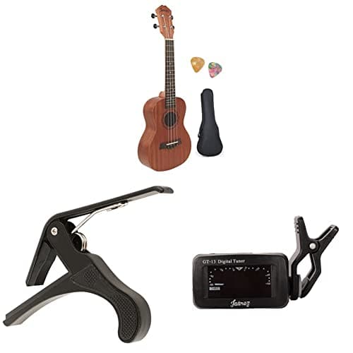 Juarez JRZ23UK/NA 23" Soprano Ukulele Kit with bag and pick (Rosewood) + JRZ250 Metal Capo + GT-13 Digital LCD Clip On Automatic Chromatic Tuner