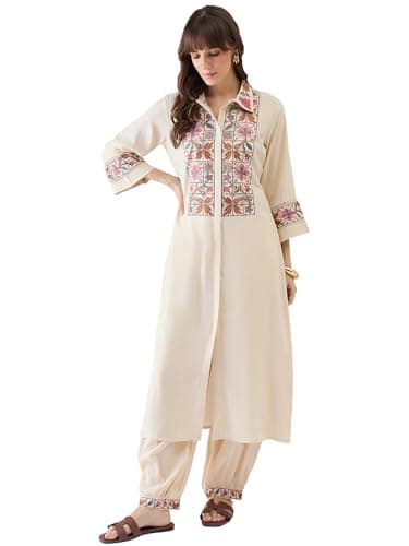 INDO ERA Women's Viscose Rayon Ethnic Motifs Embroidered A-Line Calf Length Kurta & Salwar Set (Beige_IESTR11220_Large)