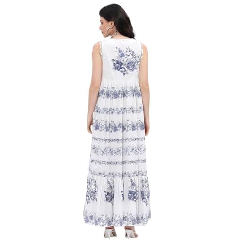 BIBA Women Off-White-Blue Cotton Tiered Printed Dress_42 4