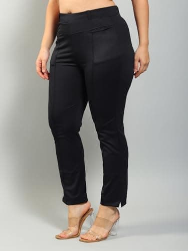 Plus Size Women Straight Fit Polycotton Blend Solid Trousers Black 3