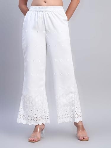 SHOPPING QUEEN Women's Cotton Embroidered Chikankari Palazzo (A687_White7_L) 5