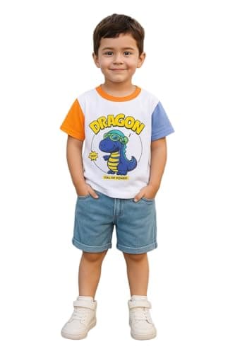 Indhrani Garments Kids Dress for Boys | Dinosaur Printed Cotton Tshirt and Denim Shorts Kids Dress Set | Lightweight Baby Boy Dress Clothing Set (Orange, 2-3 year)