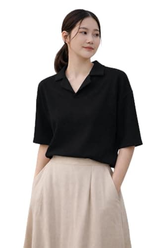 Zilcon Women’s Elegant Polo Neck Short Sleeve White T-Shirt | Minimal Casual Wear(Black_XL)