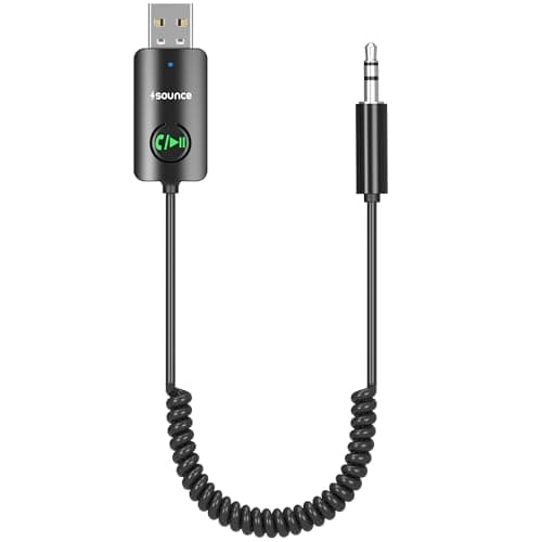 Sounce Bluetooth Car Receiver with Hands-Free Calling,Built-in Microphone, 85 cm Coiled Cable, Multi-Function Button, Music Playback, Wireless AUX Adapter for Car Audio (Black)
