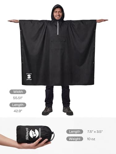 SaphiRose Hooded Rain Poncho Waterproof Raincoat Jacket for Men Women Adults, Black02 (With Reflective Stripes), One Size 4