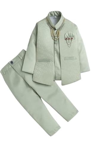 Boys Traditional 2 Piece Jodhpuri Suit Set with Long Sleeve, Cotton Blend Wedding Ethnic Dress, Button Closure, Hand Wash Only, for Kids (Green, 11-12 Years)