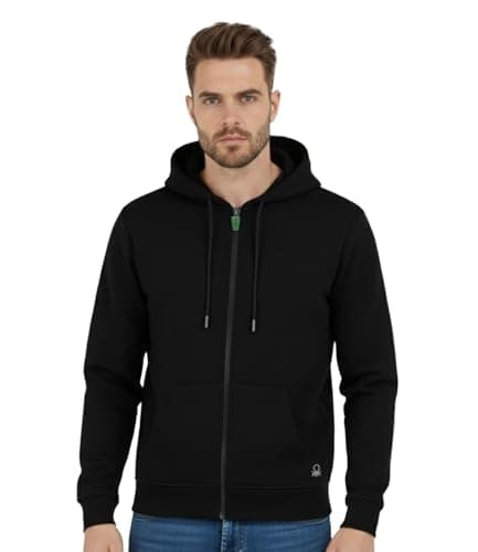 United Colors of Benetton Cotton Hoodies for Men | Pullover | Winter Wear | Zipper Hoodie | Hooded Sweatshirt | Full-Zip with Kangaroo Pockets | Mens Jackets Black