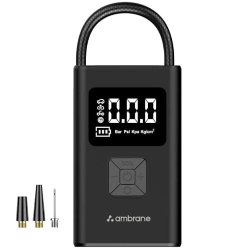 Ambrane Wired Tyre Inflator Air Pump for Cars with Digital Display & LED Light, 60W with up to 100 Psi, Portable Air Compressor, with Nozzles for Car, Bike, Motorcycle, Sports Ball (Turbo Lite Black)
