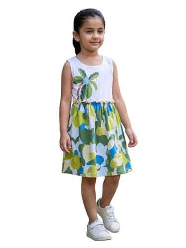 HELLCAT Girls Casual Sleeveless Round Neck Printed Dress, Fit & Flare Princess Style Cotton Frock, Outfit for Kids, Baby Girl Party Gown, Value Pack, Age 1-9 Years Green