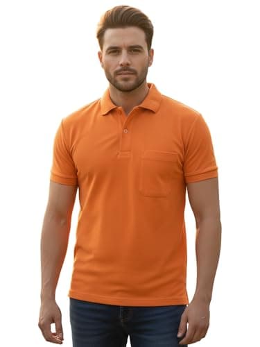 SMAN Men's Cotton Polo T-Shirt Regular Fit Half Sleeves with Pocket and Bottom Neck Collar for Casual and Daily Use. |(Large, Orange)