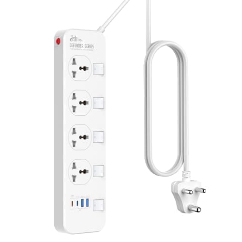 Hoteon 2500W Extension Board with USB Slots, Individual Switch & Safety Shutter, 4 USB Ports(3.4A) 4 Way Outlets Power Strips with Universal Sockets and 2M Extension Cord (3-Pin, White), 250 Volts
