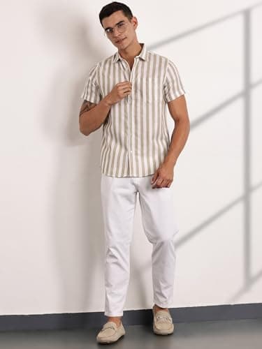 Thomas Scott Mens Half Sleeves Cotton Linen Striped Casual Shirt (TS1375_Brown, 3XL) 4