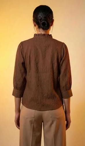 Messica Women Brown Solid Cotton Blend Knitted Top | Ruffle Neck | 3/4 Sleeve | Regular Fit Casual Office Wear Top (in, Alpha, M, Regular, Brown) 2
