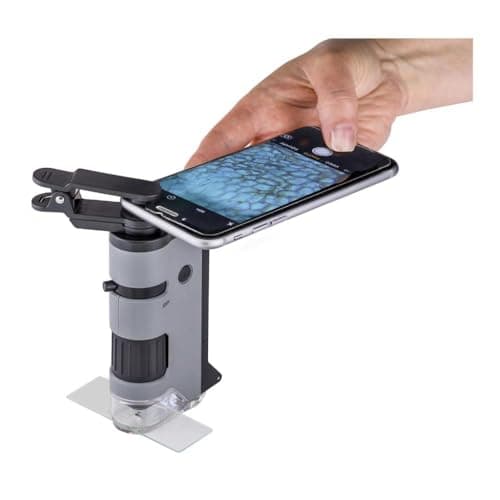 Carson MicroFlip 100x-250x LED Lighted Pocket Microscope with Flip Down Slide Base, Smartphone Adapter Clip, and UV Flashlight 2