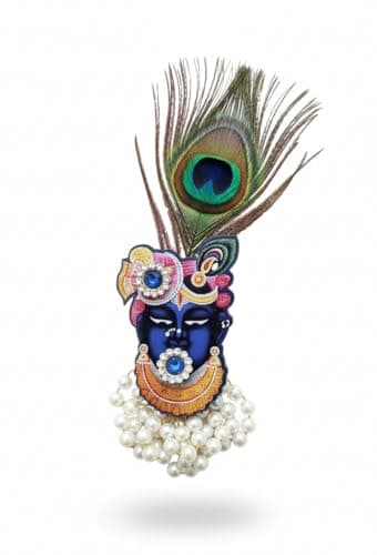 Shree Nath Ji Brooch with Peacock Feather & Synthetic Pearl | Handmade Devotional Cardboard/Crushwood Brooch | Shrinathji Krishna Ethnic for Women & Men | Festive Gift
