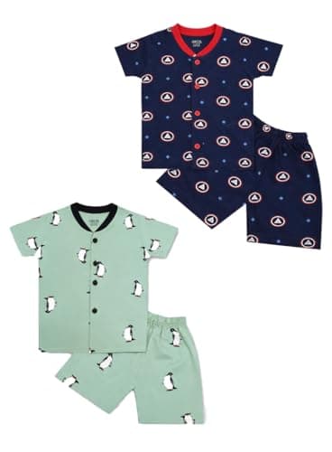 3BROS Kids Pure Cotton Night Suit Set | Boys Girls Printed Sleepwear Shirt & Shorts Clothing Combo | Soft Breathable Nightwear Outfit (Olive::Navy Blue-Combo-Pack of 2, 18-24 Months)