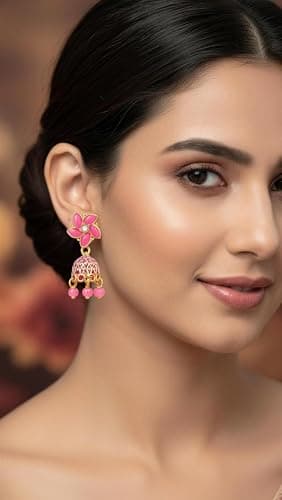 Traditional Jhumka Earrings Combo, Pink, Blue and Black, Crystal Top with Pearl Drops, Set of 3 Pairs (4) 4