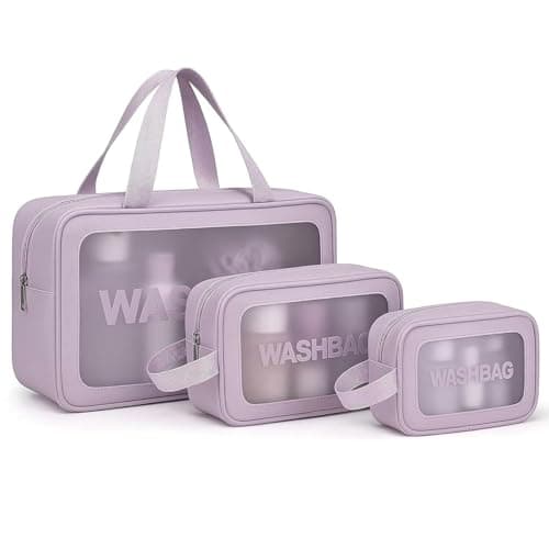 FLYNGO Clear Makeup Pouch Set, Cosmetic Organizer Bag for Women and Girls Travel Waterproof Toiletry Storage Kit (Set of 3 Purple)