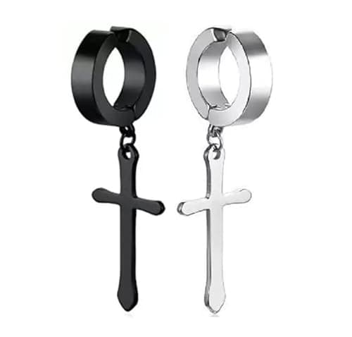 Vien Jewelry Jesus Cross Black/Silver Stainless Steel Hoop Huggie Earring for Men and Women