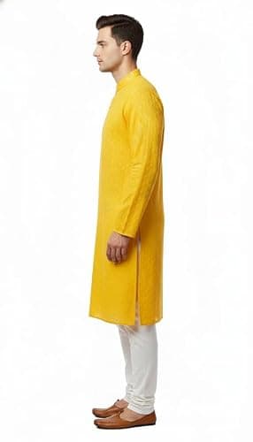 INDIA SILK PWCS LTD Men's Cotton Blend Embroidery Stitch Kurta with White Pajama Set - Traditional Indian Ethnic Wear Color and Size Variation 42 Yellow 3