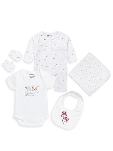 Smart Baby 5 Piece Newborn Clothes Set – Bio-Washed Interlock Fabric | Bodysuit, Sleepsuit, Bib, Blanket & Mittens | Dinosaur Baby Clothes Gift Set | for Baby Boys (White, Pack Of 1)