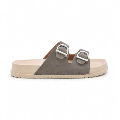 ReRoot Women's Double Strap Buckle Slider Sandals, Suede Upper & Lining, EVA Insole & Outsole, Adjustable Open Toe Slip-On Flat Slides Slippers for Ladies, Daily Wear Casual Comfort Footwear, Home Use