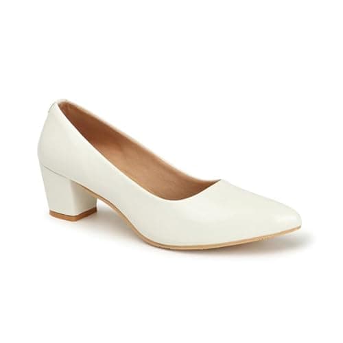 Buy Tale Women’s White Block Heel Pumps | Comfortable Slip-On Office Wear Shoes, White-8