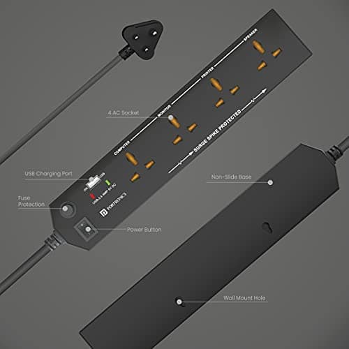 Portronics Power Plate 4 Extension Board with 4 Universal Sockets, USB Charging Port, 1.5 Meter Long Cord, 1500 Watts, Child Safety Shutter, 3 Pin Multi Plug for Home Appliances (Black) 3