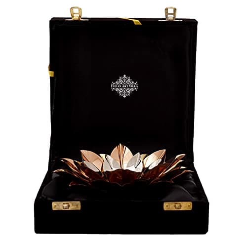 Indian Art Villa Pure Copper Lotus Design Tea Light Candle Diya / Deepak with Black Velvet Gift Box, Colour-Gold, Silver & Brown, Width-8 Inches 2