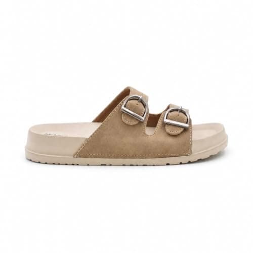 ReRoot Women's Double Strap Buckle Slider Sandals, Suede Upper & Lining, EVA Insole & Outsole, Adjustable Open Toe Slip-On Flat Slides Slippers for Ladies, Daily Wear Casual Comfort Footwear, Home Use