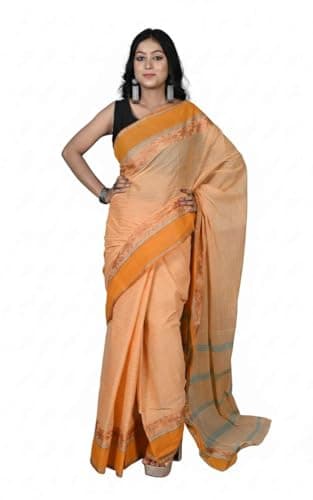 Bengal Looms India -Designer Bengal Tangail Self Nakshi Katha Thread Work Cotton Saree - Ethnic Wear for Wedding, Festive & Party Occasions (Cantaloupe, Brown and Sea Green)