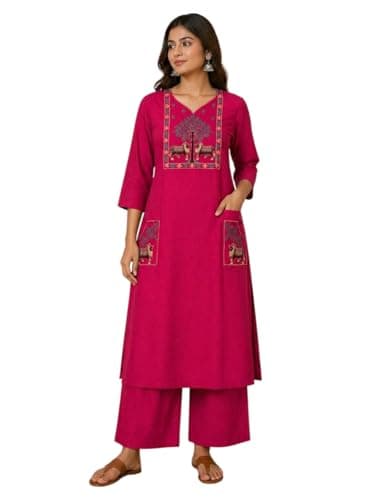 Women Pure Cotton Kurta Palazzo Set | Sleeveless Printed Kurta with Palazzo Pants | Summer Friendly, Office Wear Co-Ord Set (IN, Alpha, L, Regular, Women, Pink)