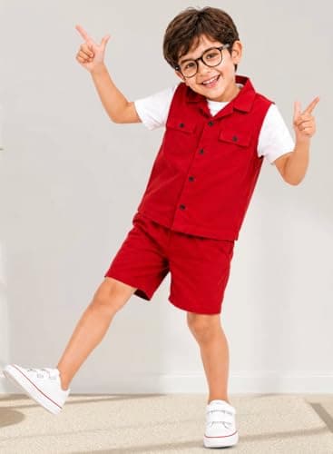 3BROS Kids Cotton Shirt Shorts Set for Boys Kids Clothing/Boys Clothing Set (Party/Festive) Wear (Red, 5-6 Years) 3