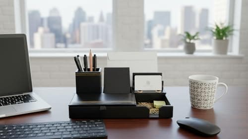 HIGHREAD Premium Leather Desk Organizer, Black, Stationery Holder with Multiple Compartments, Office Accessories Storage Tray 2