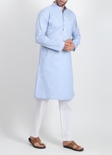 DasteKarigar Men's Cotton Kurta Pyjama Set, Kurta Pajama for Men, Light Green and White, Traditional Indian Ethnic Wear (Blue White, 42) 3