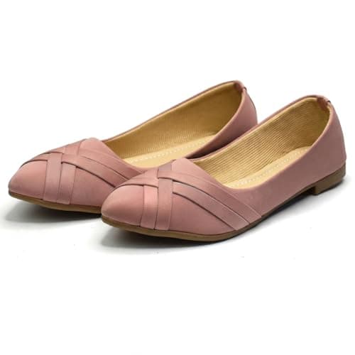 HINAARA Bellies for Women | Blush Pink Lycra Crossover Striped Ballerina Flats | Soft Stretchable Belly Shoes | Anti-Slip Sole | Office College Festive