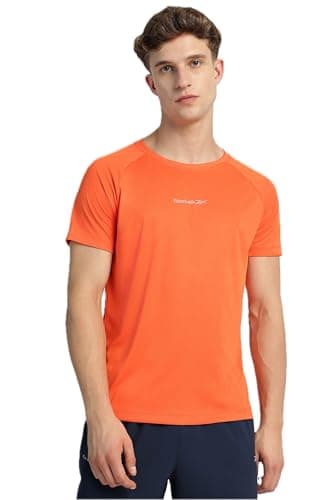 Reebok Men Polyester Regular Fit RE Flex Performance Tee|Training|Speedwick Interlock Knit|Crew Neck Solid T-Shirt,Orange,Medium