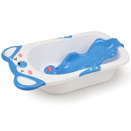 LuvLap Bubble Baby Bathtub (White & Blue) & Anti Slip Baby Plastic Bath Chair (Blue) for 6 Month - 3 Years, Bathtub with Drain Plug, Baby Bath Seat/Sling with Non Slip Suction Base