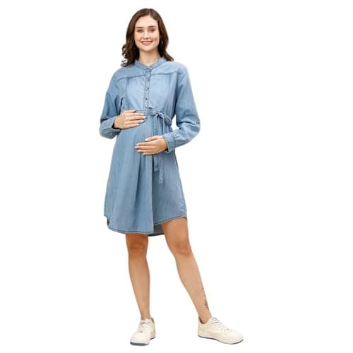 MomToBe Women's Sky Blue Denim Maternity Dress/X-Large, Above Knee, Loose Fit, Long Sleeves, Zipper Back, Nursing Access, Casual Wear, Office, Parties, Pregnancy & Nursing