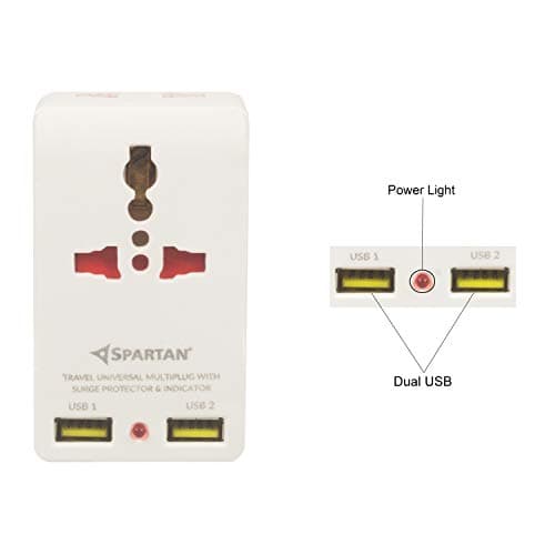 Spartan 3 Pin All Multiplug Charger/Travel Adapter, 10A Power Sockets / 2Pin & 3Pin Socket Adapter with Dual USB Charging Port (White, Pack of 1) 3