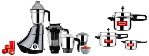 Butterfly Kitchen Elite | Pressure Cookers (2/3/5L, For Family) + Mixer (750W, 4 Jars) | Induction Base | Professional Grade | Grey/Silver | ISI Certified