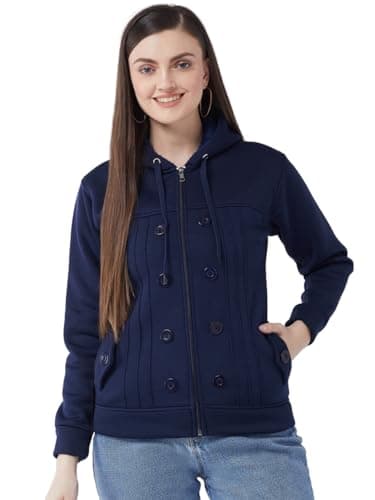 PIVL Casual Solid Standard Length Full Sleeves Stylish Women Fleece Jacket with zip for winter II Zipper Hoodie II Hooded Neck II Winter Wear II Dark Blue Medium