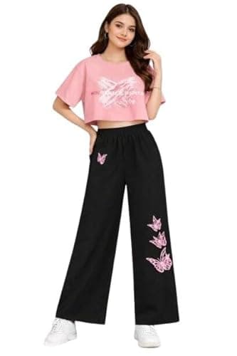 AK MADE IN INDIA Girls Casual Cotton Outfit Crop Top Palazzo Set Butterfly Print Comfortable Daily Use Multi 14-15 Years